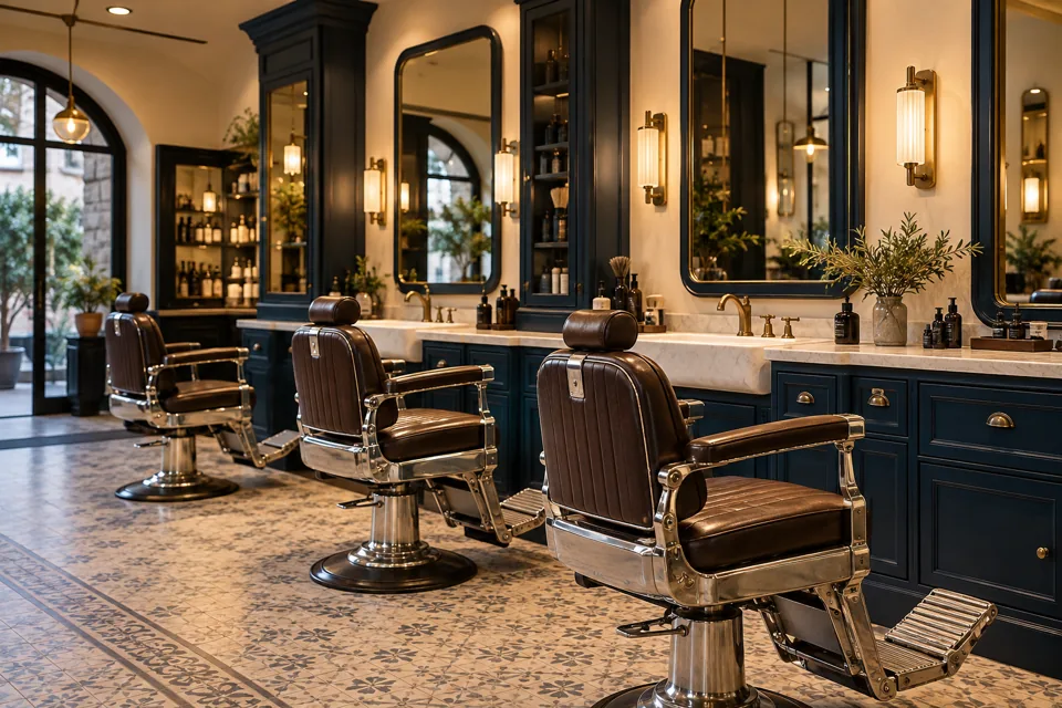 Lacivert detaylı modern berber salonu
